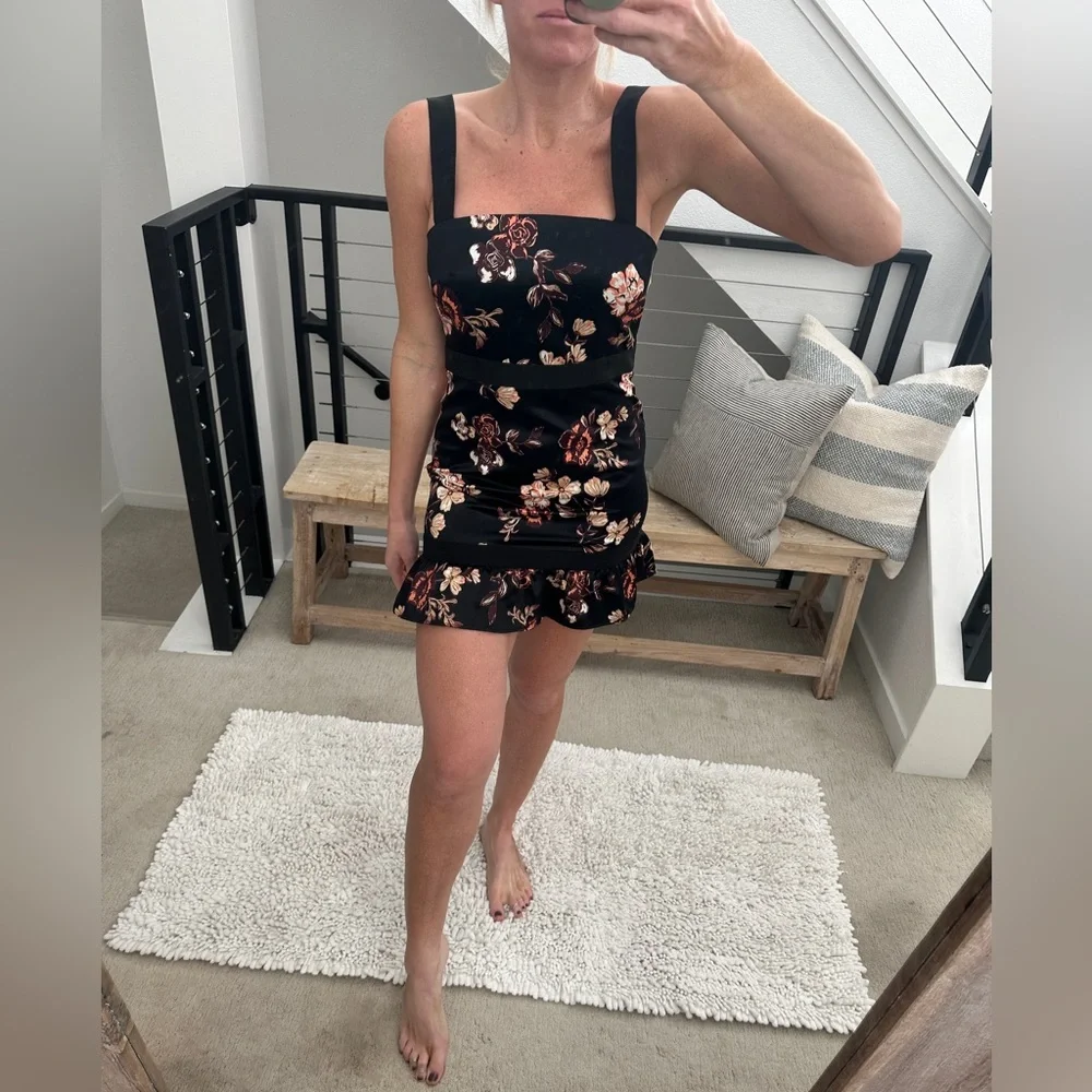 NBD Revolve Ashlynn Black Floral Satin Mini Dress Ruffle Hem Elegant & Flirty S - Picture 3 of 12
